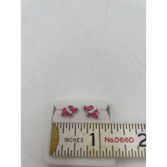 Pink Silver Elephant Stud Earrings Rhinestone Detail Enamel 925 - Picture 2 of 3
